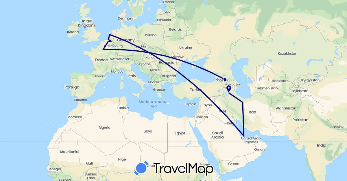 TravelMap itinerary: driving in Belgium, France, Georgia, Iran, Netherlands, Qatar (Asia, Europe)